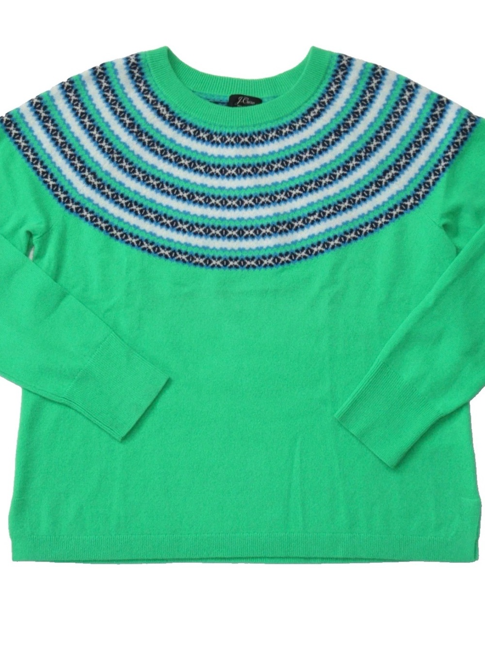 J. Crew Bright Green Fair Isle Yoke Crewneck 100% cashmere Sweater